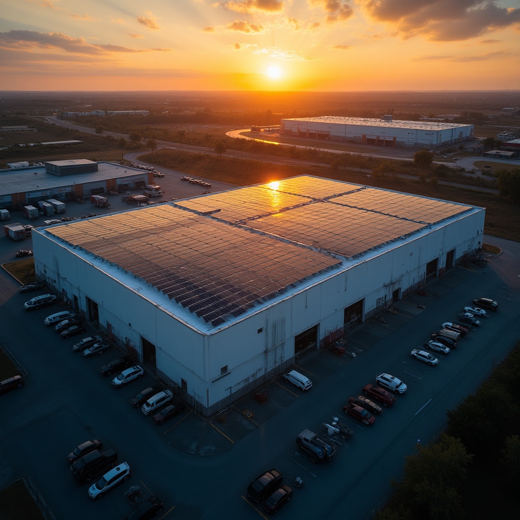 Vista aerea di un capannone industriale con impianto fotovoltaico installato sulla copertura