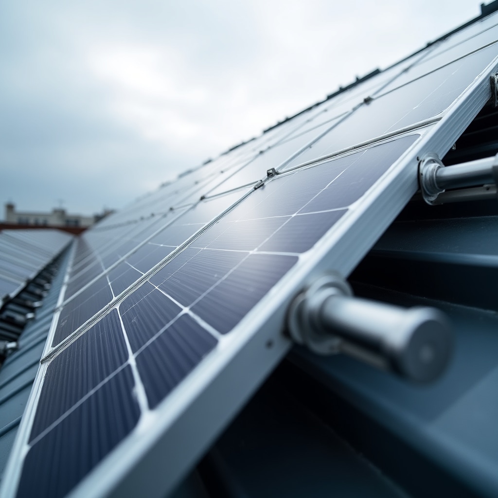 Capannone industriale con ampia copertura fotovoltaica e pannelli solari in primo piano