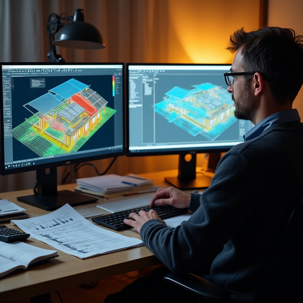 Progettista che lavora su software di simulazione per dimensionamento impianto fotovoltaico industriale