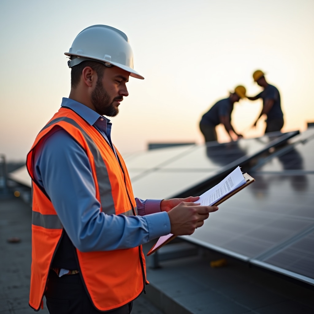 Direttore dei lavori in cantiere su copertura industriale durante installazione pannelli fotovoltaici