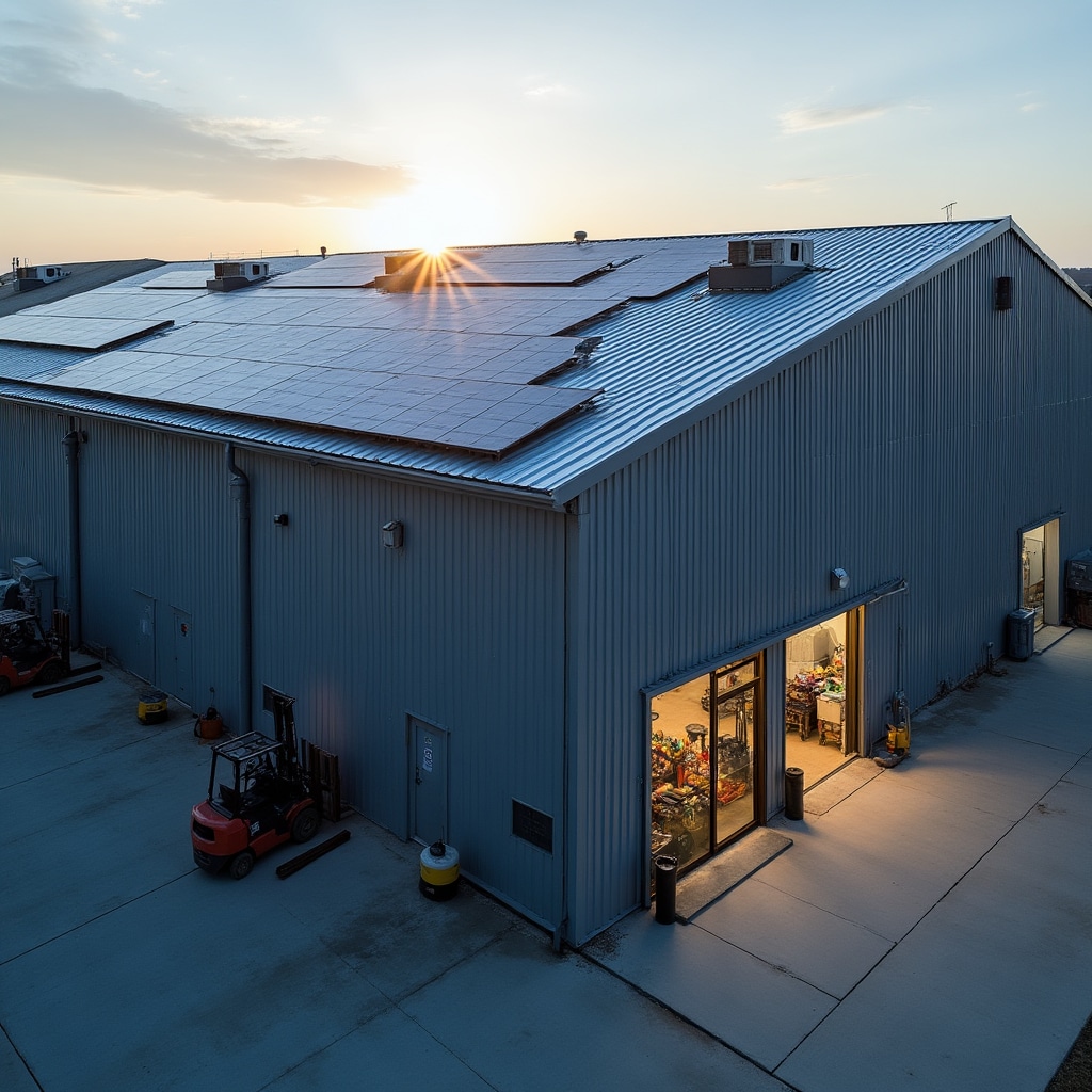 Magazzino di distribuzione con pannelli fotovoltaici installati su copertura metallica