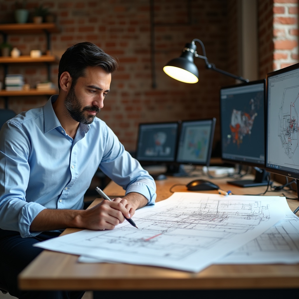 Tecnico che lavora su tavole progettuali per impianto fotovoltaico industriale